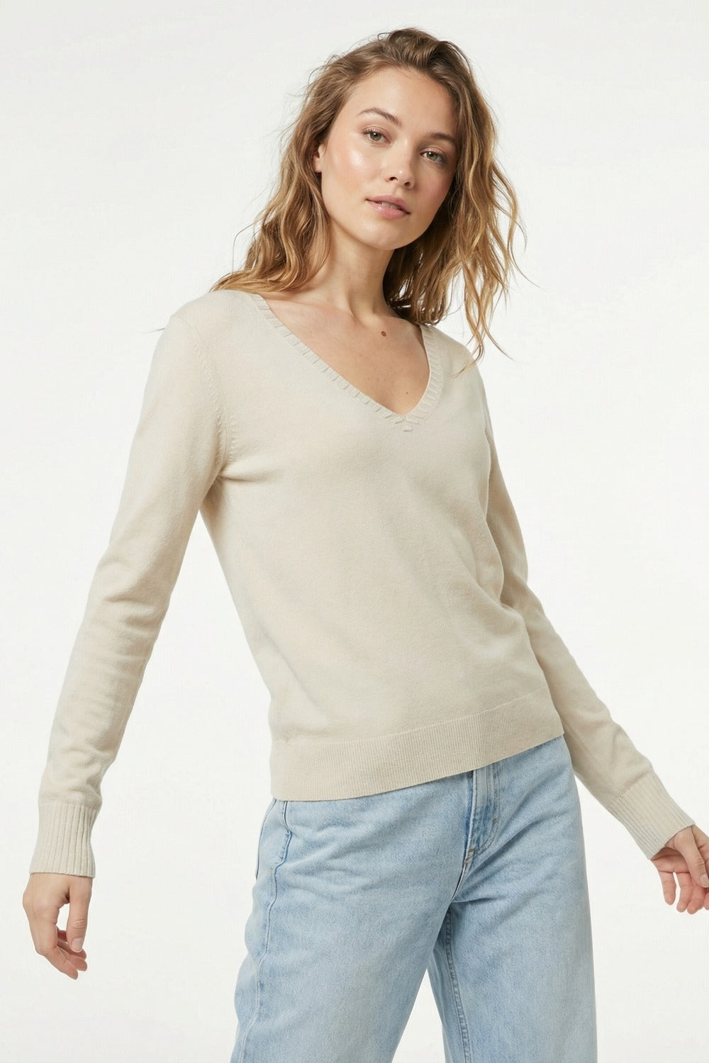 Fine Knit V-Neck Sweater with Decorative Neckline Detail in beige color - Jumpers