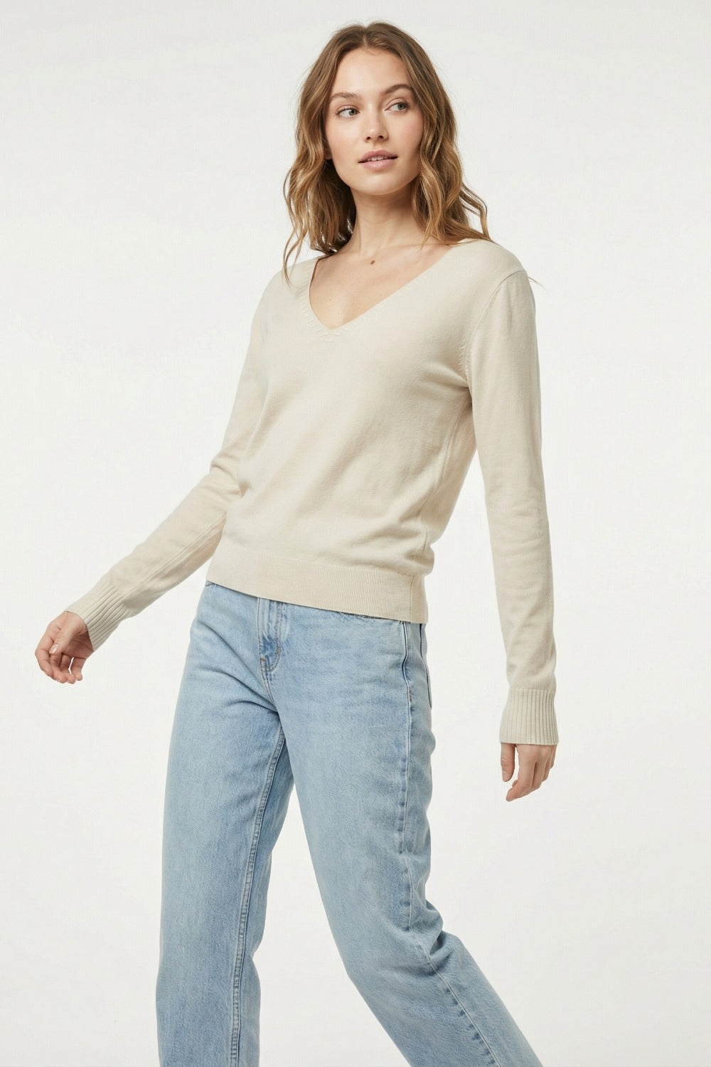 Fine Knit V-Neck Sweater with Decorative Neckline Detail in beige color - Jumpers