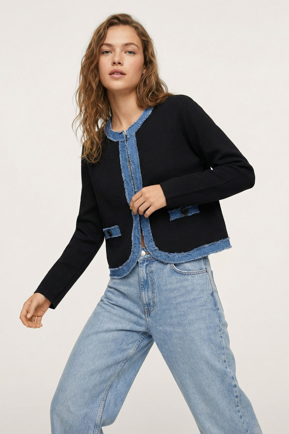 Black knitted cardigan with Denim Trim Detail