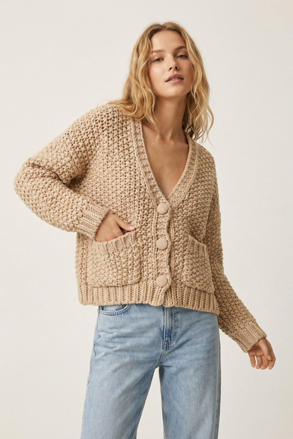 Oversized chunky knit jacket with pockets in dark beige