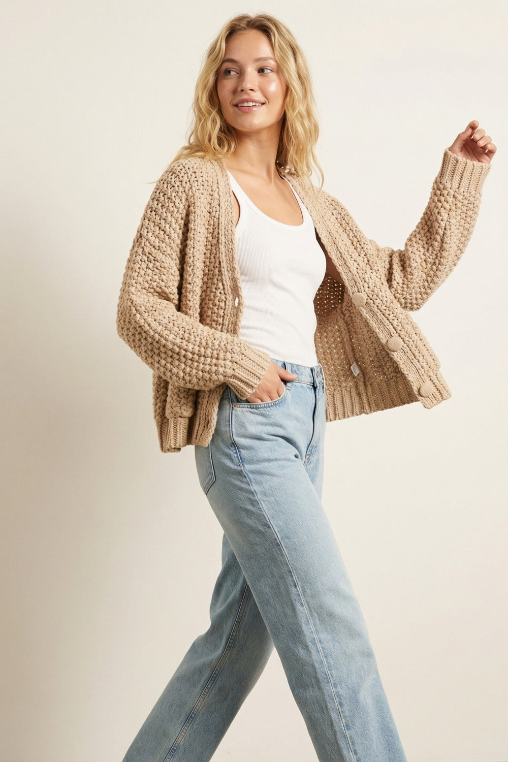 Oversized chunky knit jacket with pockets in dark beige