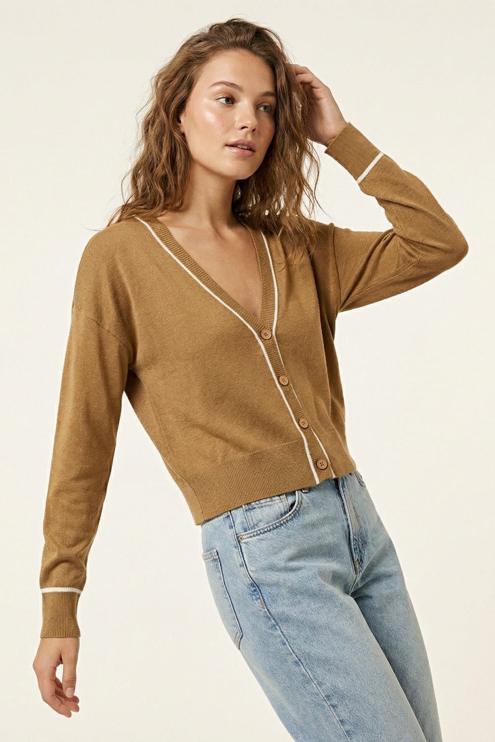Camel Fine Knit Cardigan with Contrast Trim in white
