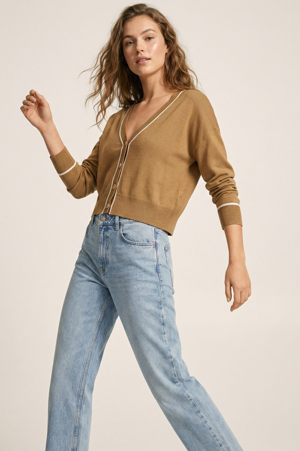 Camel Fine Knit Cardigan with Contrast Trim in white