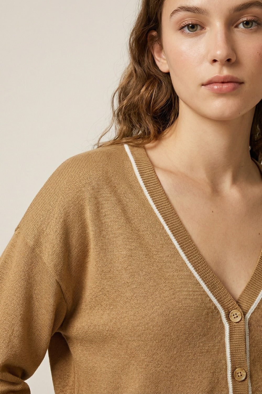 Camel Fine Knit Cardigan with Contrast Trim in white
