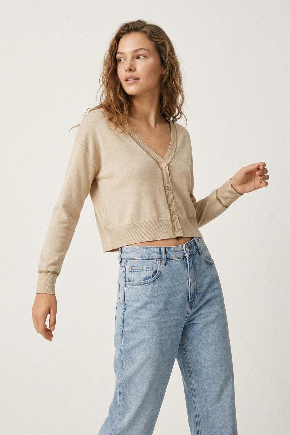 Beige Fine Knit Cardigan with Contrast Trim in brown