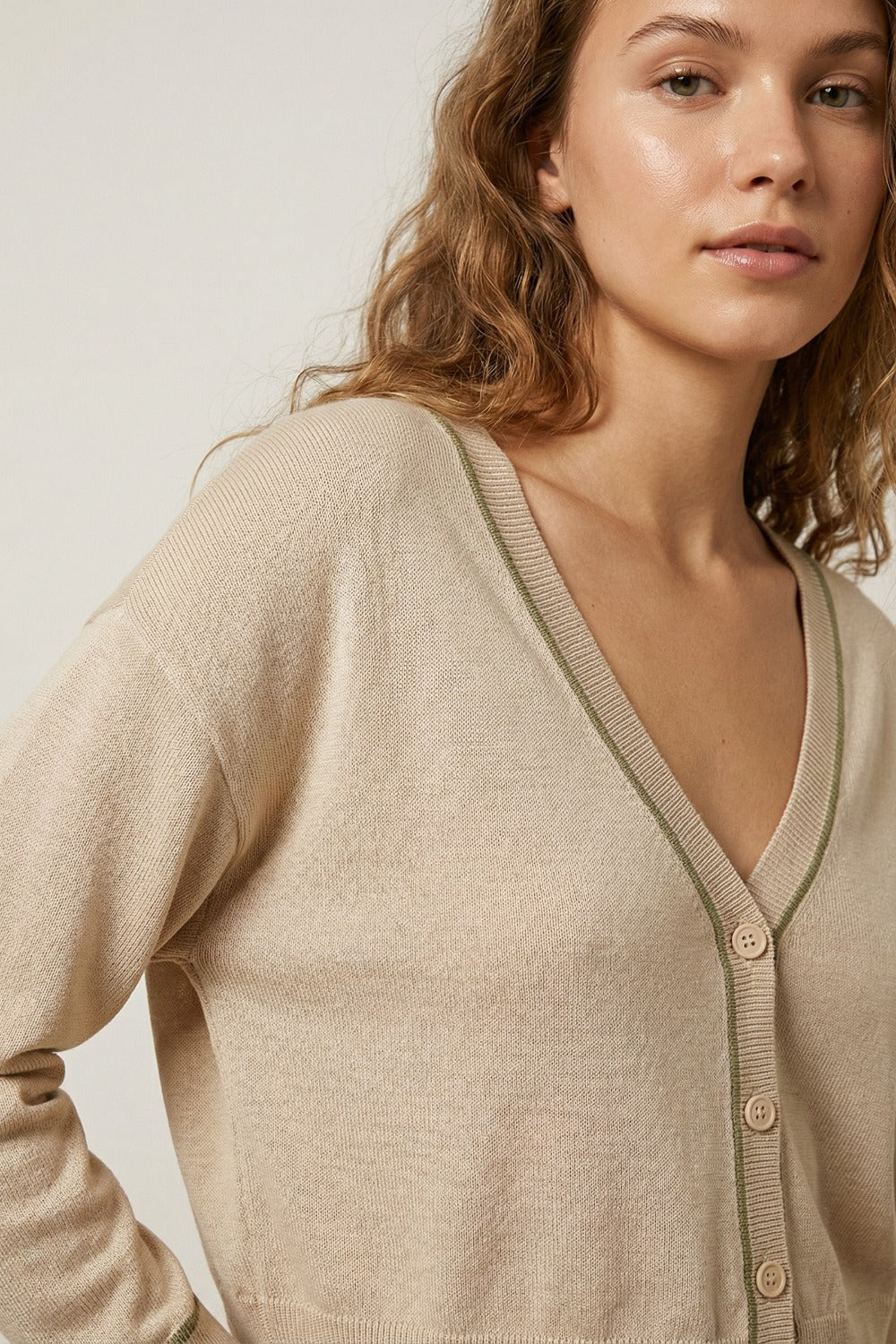 Beige Fine Knit Cardigan with Contrast Trim in brown