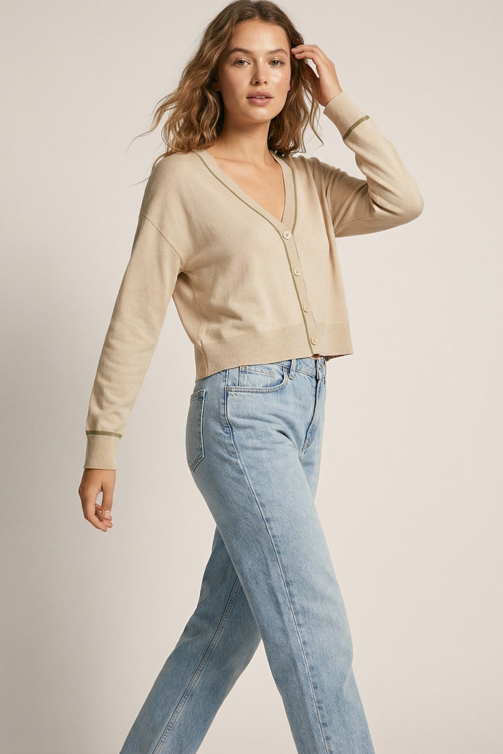 Beige Fine Knit Cardigan with Contrast Trim in brown