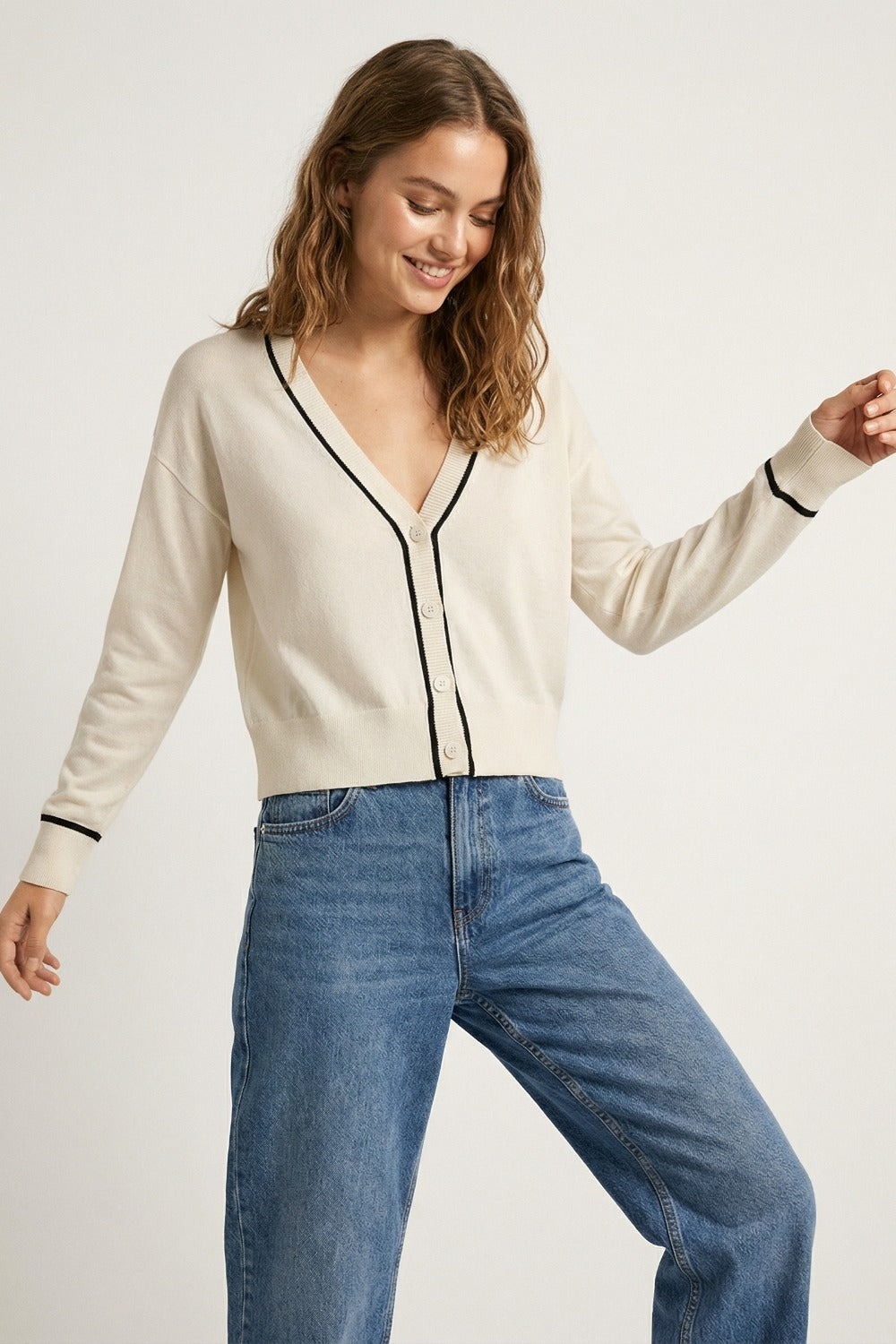 White Fine Knit Cardigan with Contrast Trim in black