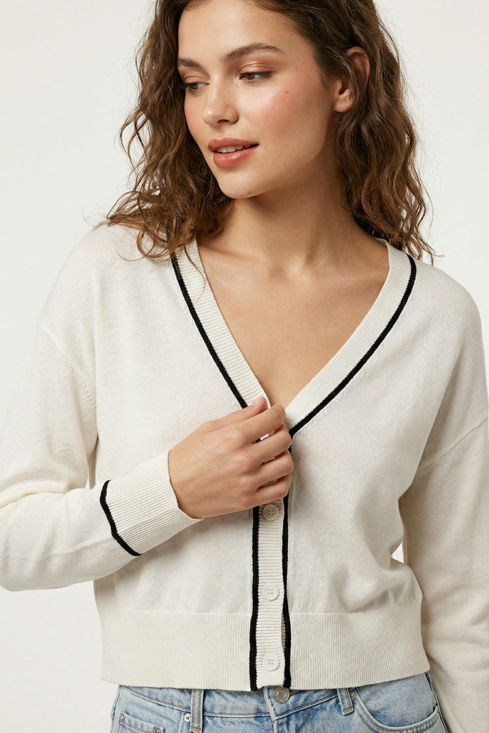 White Fine Knit Cardigan with Contrast Trim in black