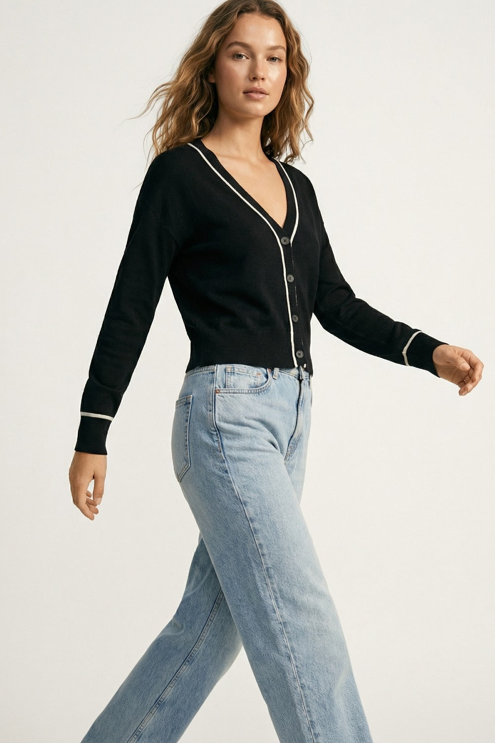Black Fine Knit Cardigan with Contrast Trim in white