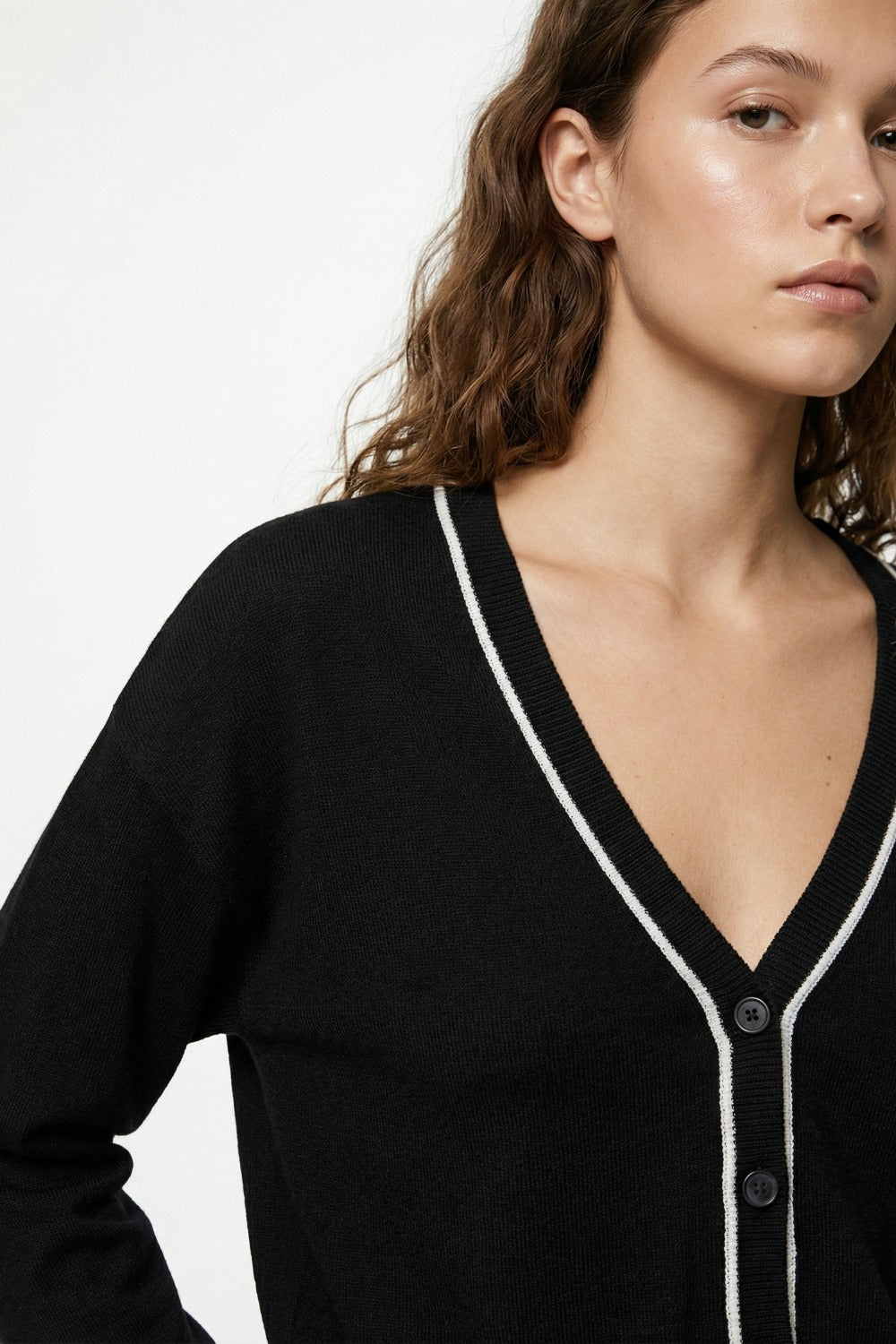 Black Fine Knit Cardigan with Contrast Trim in white