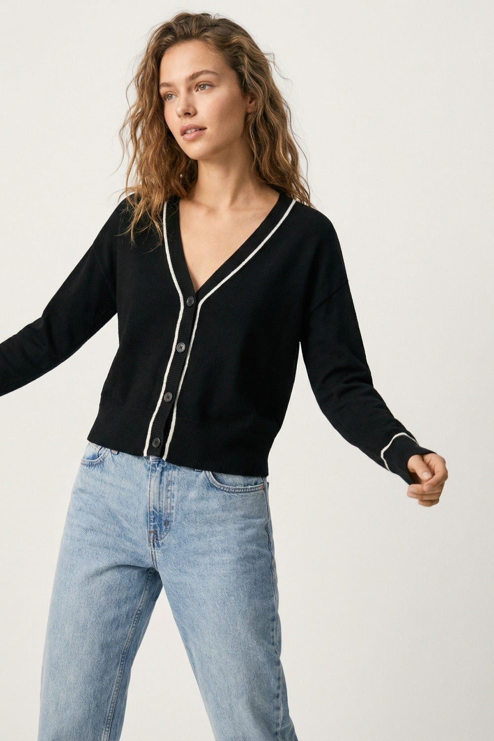 Black Fine Knit Cardigan with Contrast Trim in white