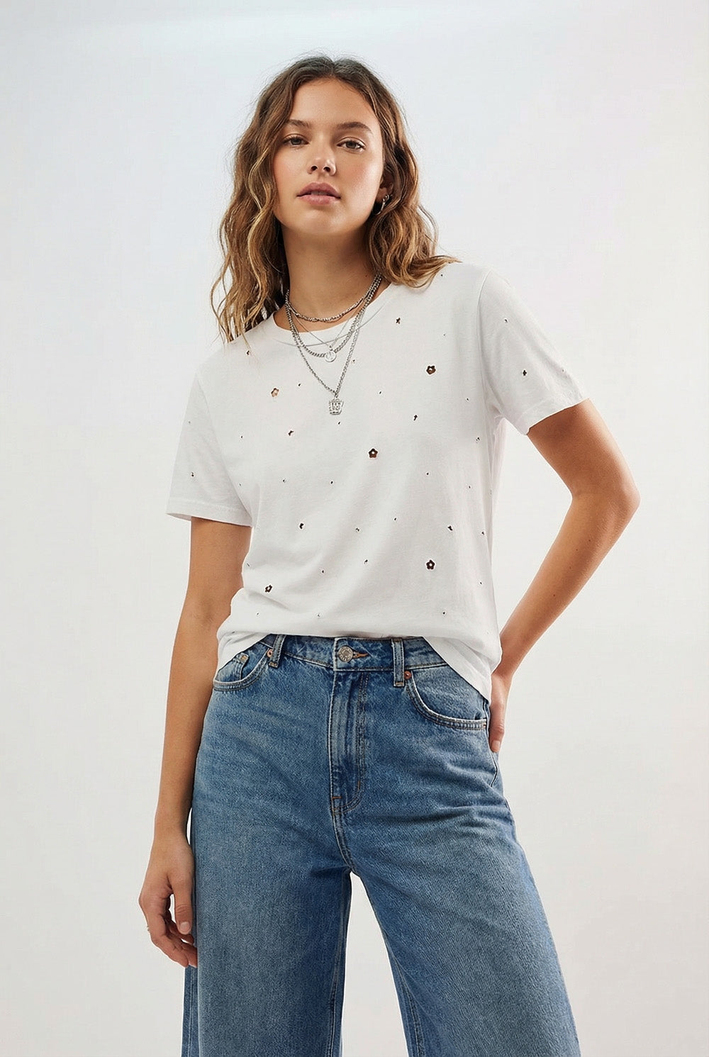 White Cotton T-Shirt Embellished with Strass Details - top