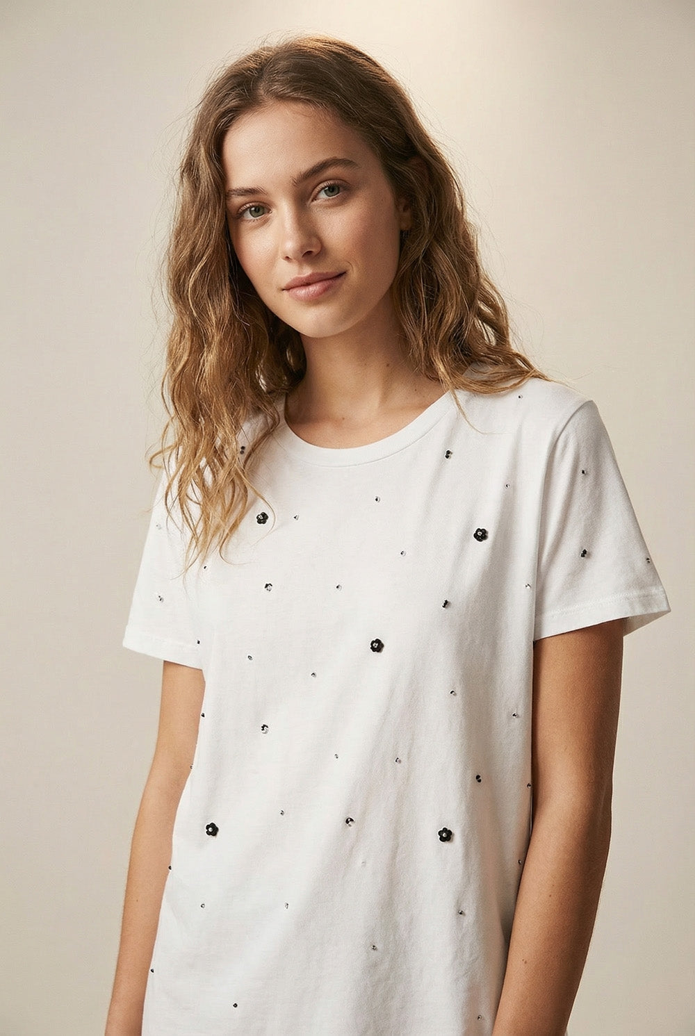 White Cotton T-Shirt Embellished with Strass Details - top