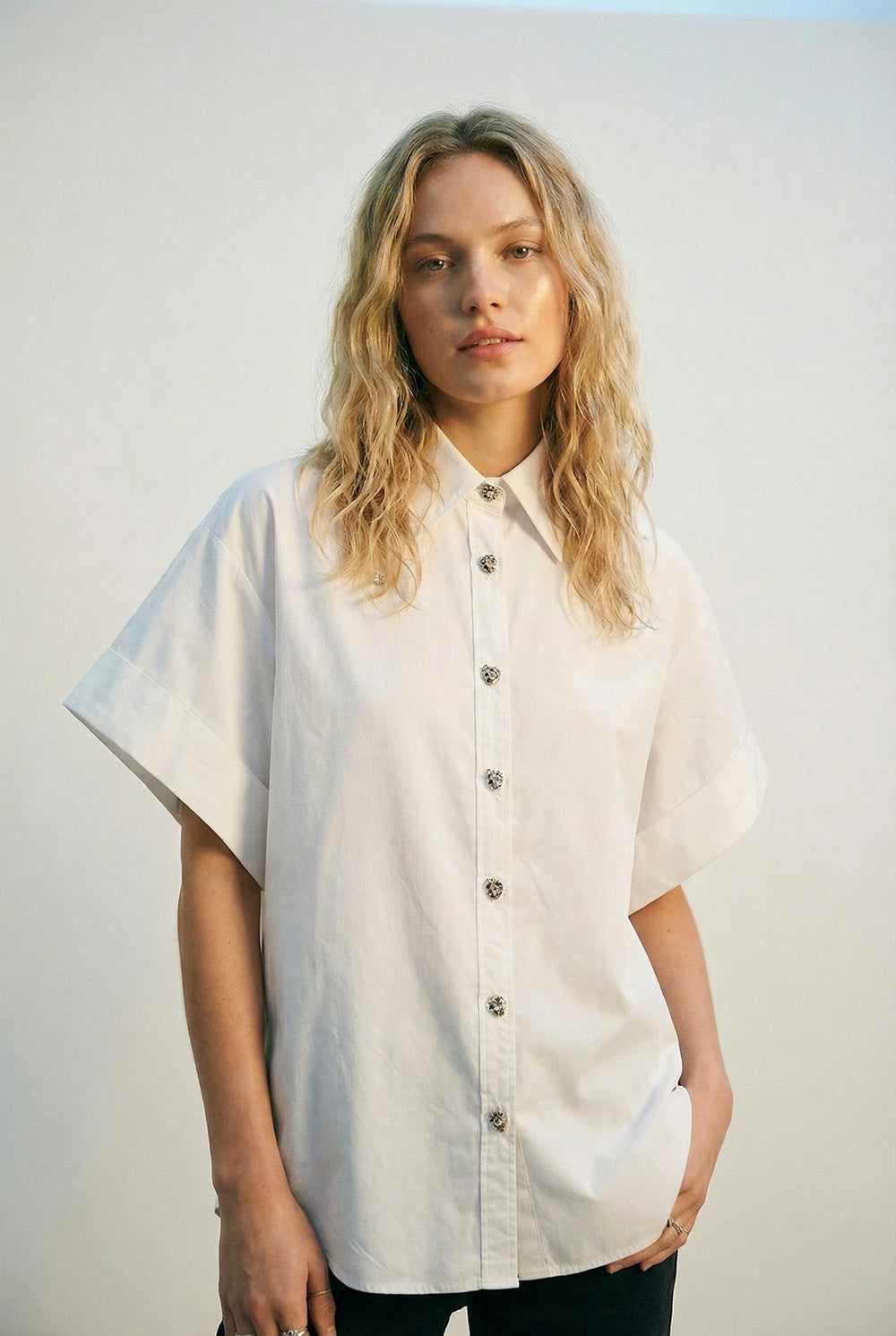 White Short-Sleeve Kimono Shirt with silver buttons - Shirts