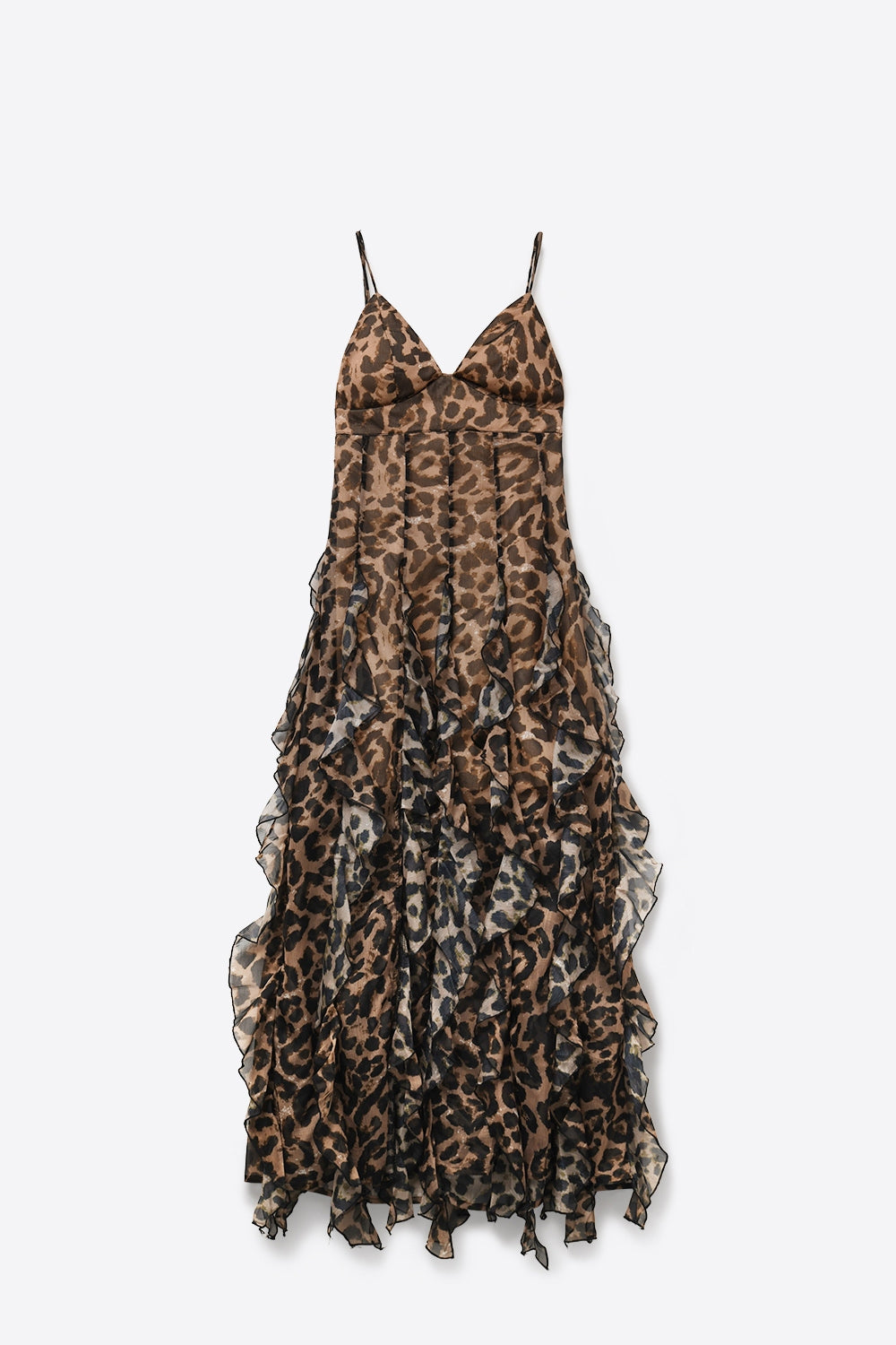 Brown Leopard Print Maxi Dress in chiffon fabric with Ruffled Hem - dress