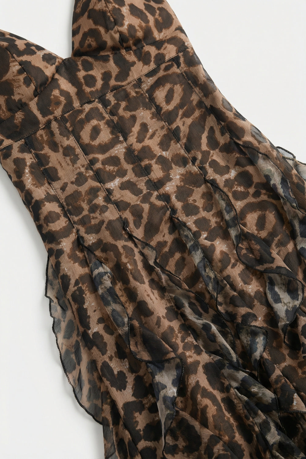 Brown Leopard Print Maxi Dress in chiffon fabric with Ruffled Hem - dress