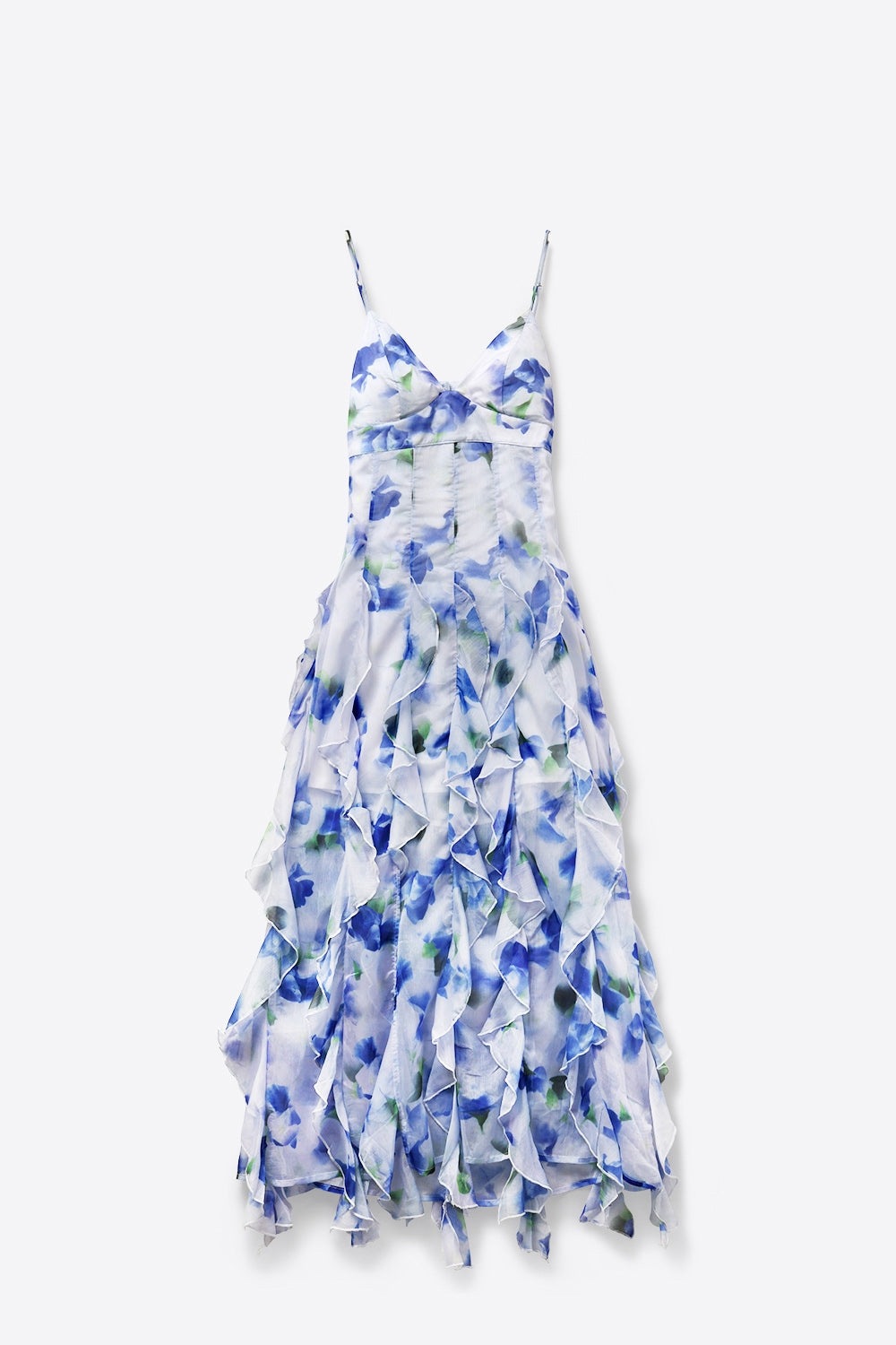 White and Blue Floral Maxi Prom Dress with Ruffles - dress