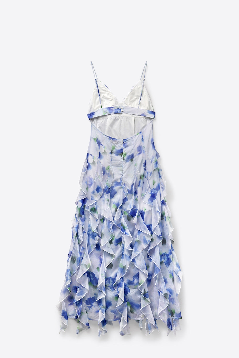 White and Blue Floral Maxi Prom Dress with Ruffles - dress
