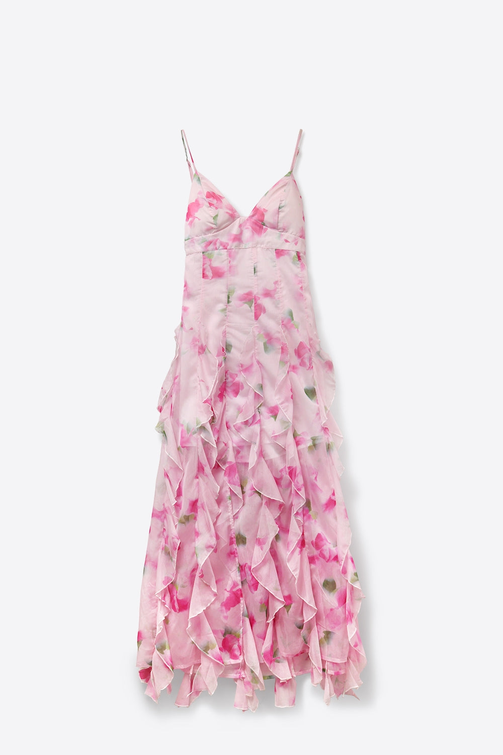 White and Pink Floral Maxi Prom Dress with Ruffles - dress