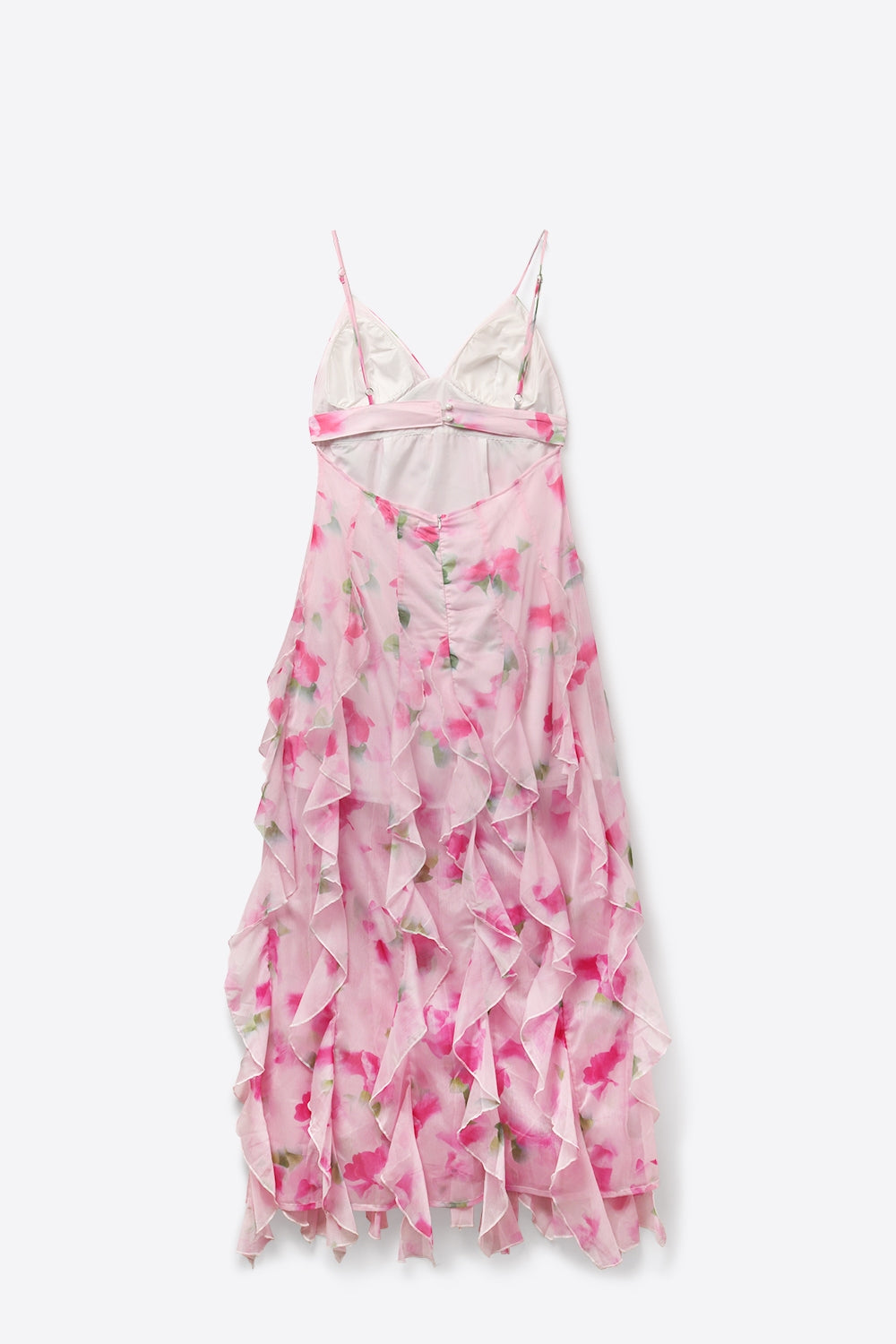 White and Pink Floral Maxi Prom Dress with Ruffles - dress