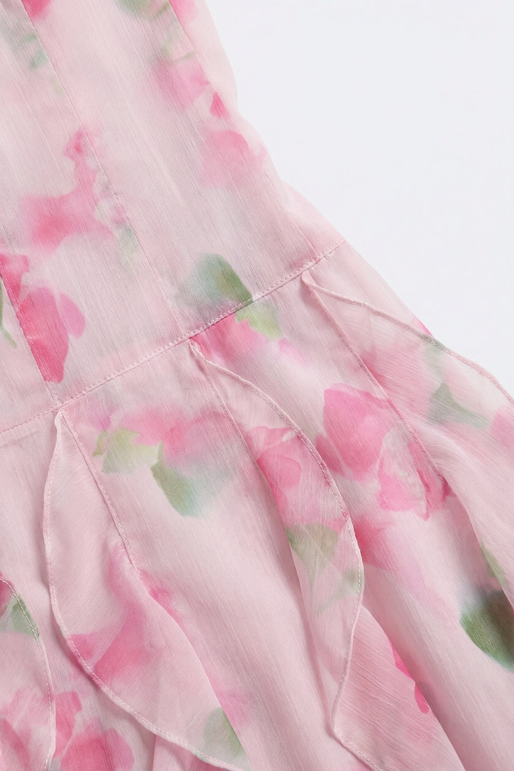 White and Pink Floral Maxi Prom Dress with Ruffles - dress