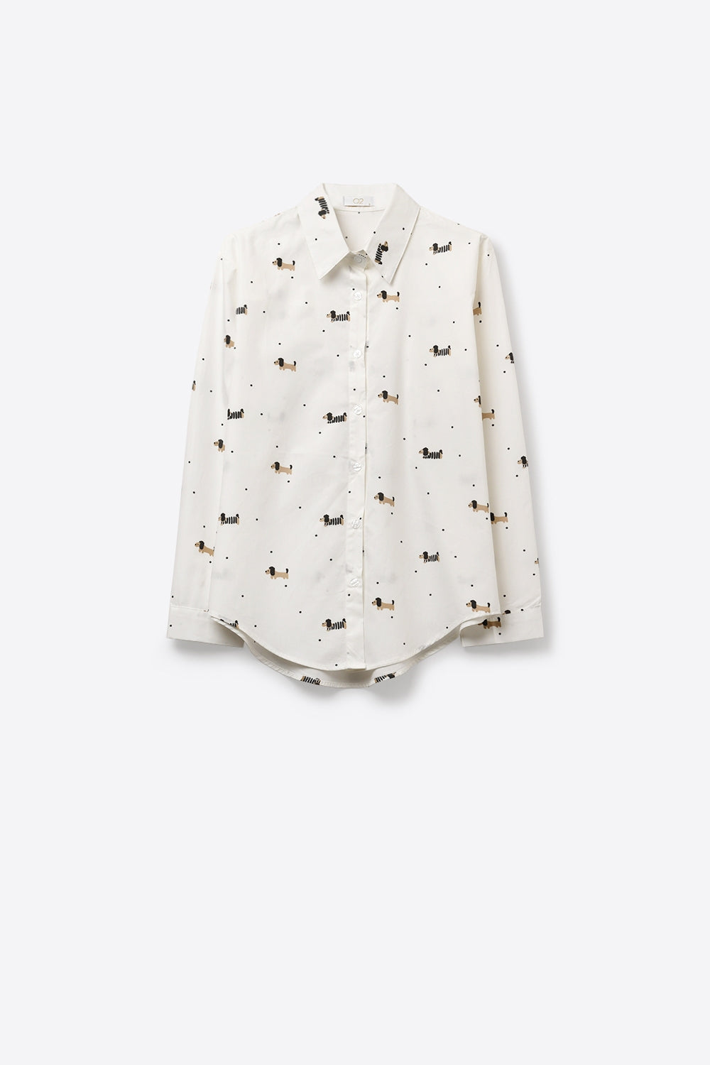 White Button-Up Shirt with Playful Dog Print - Shirts