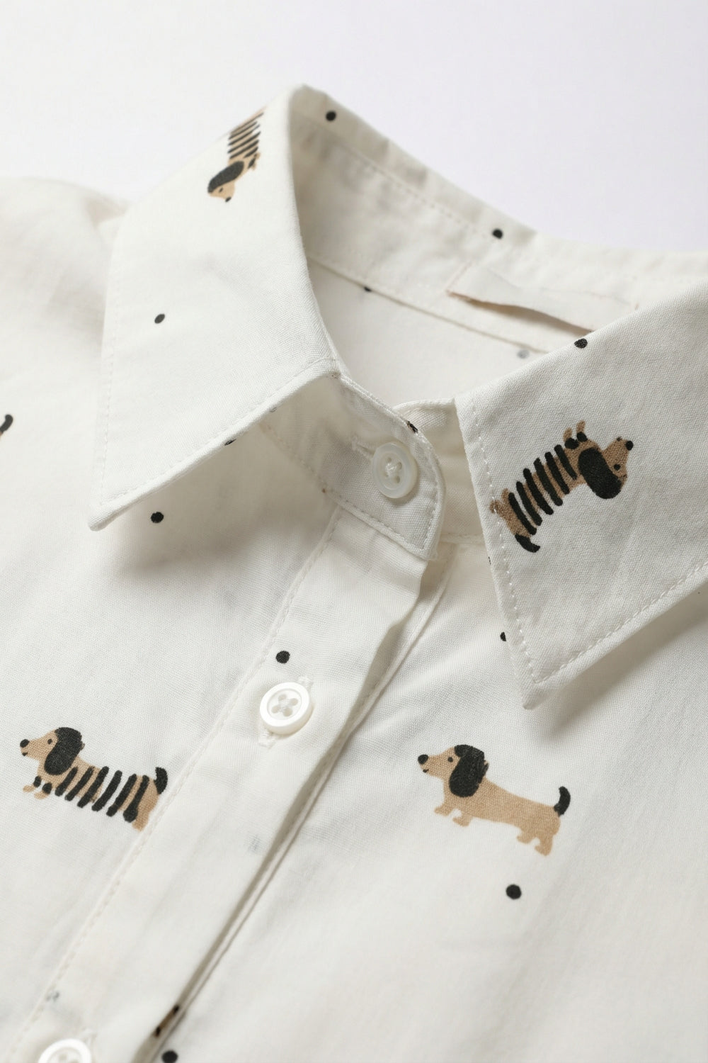 White Button-Up Shirt with Playful Dog Print - Shirts