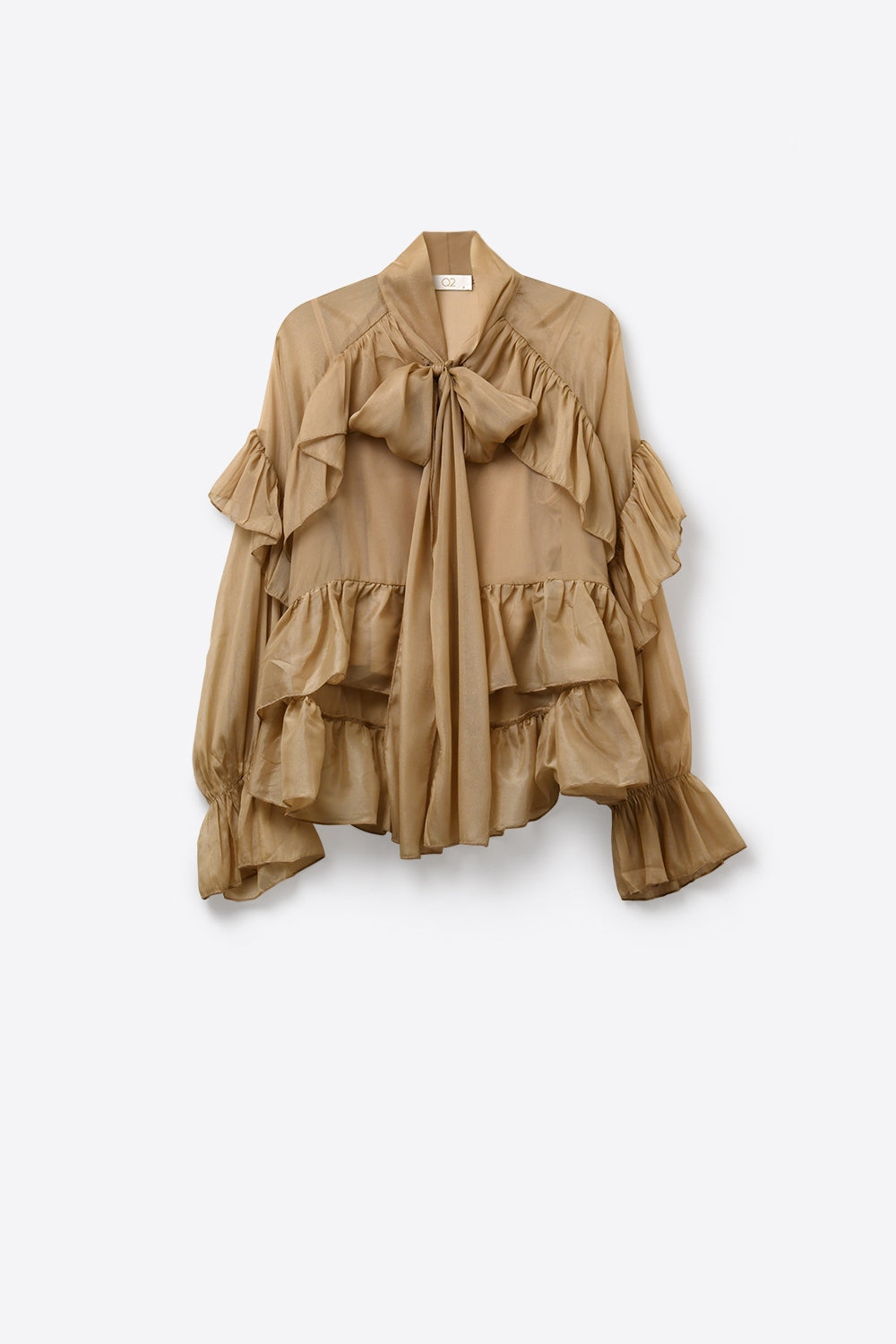 Camel Ruffled Sheer Blouse in chiffon fabric - Shirts