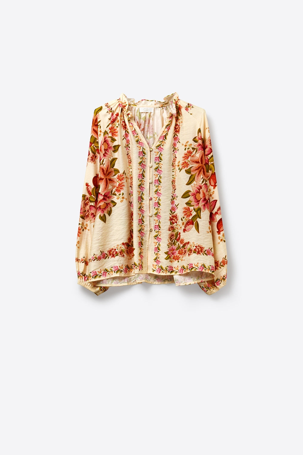Cream Floral Print Boho Blouse with Drawstring Neck - Shirts