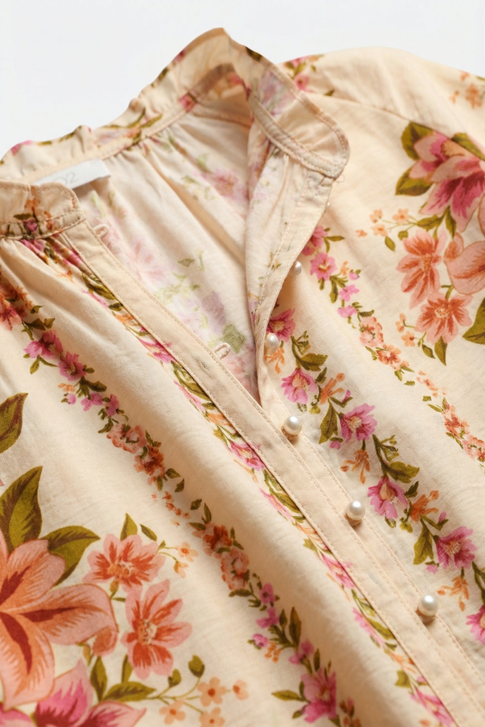 Cream Floral Print Boho Blouse with Drawstring Neck - Shirts