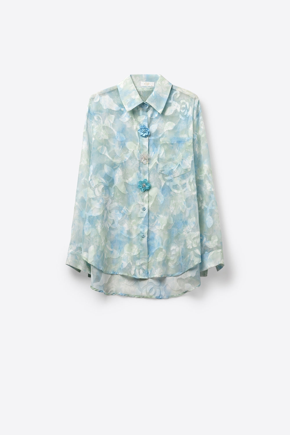 chiffon Lightweight Floral Print Button-Up Shirt in light blue - Shirts