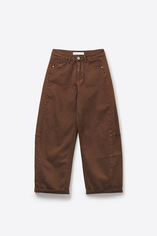 Brown Wide-Leg Cotton Twill Pants with Pockets in Barrel Style - Coloured Jeans