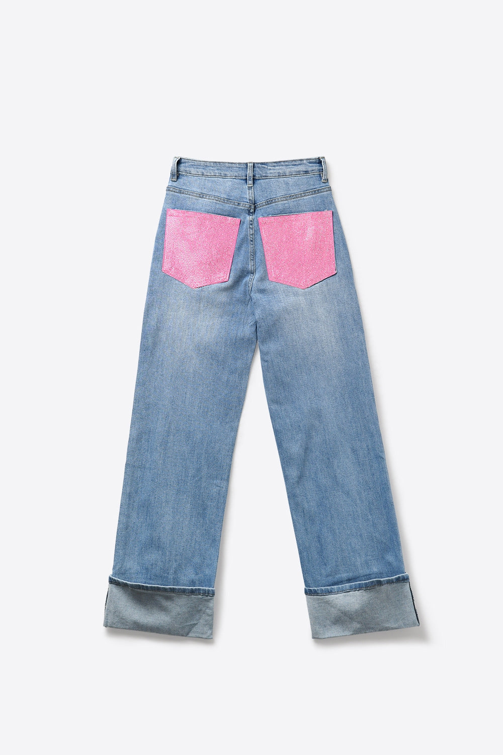 Light Blue Denim Jeans with Pink Back Pockets in strass - Denim
