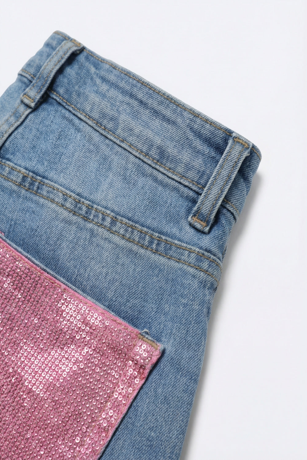 Light Blue Denim Jeans with Pink Back Pockets in strass - Denim