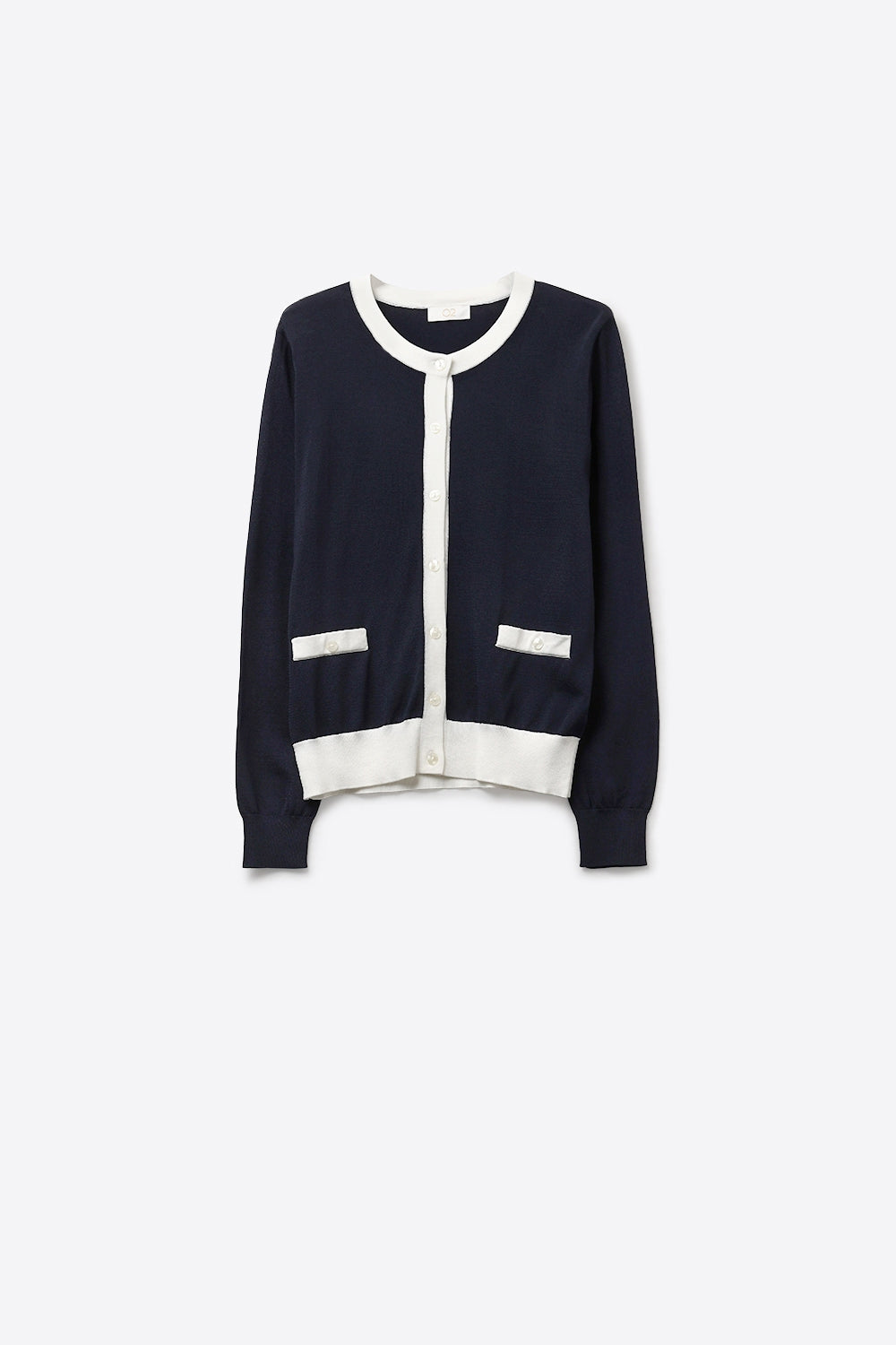 Navy Button-Up Cardigan with White Trim Accents