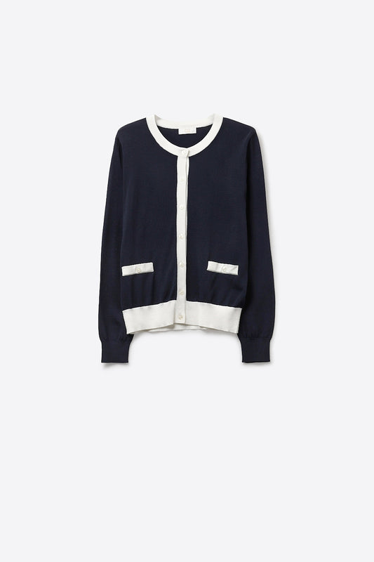 Navy Button-Up Cardigan with White Trim Accents