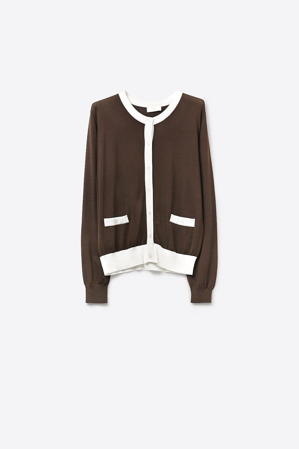 Brown Contrast Trim Button-Up Long Sleeve Cardigan