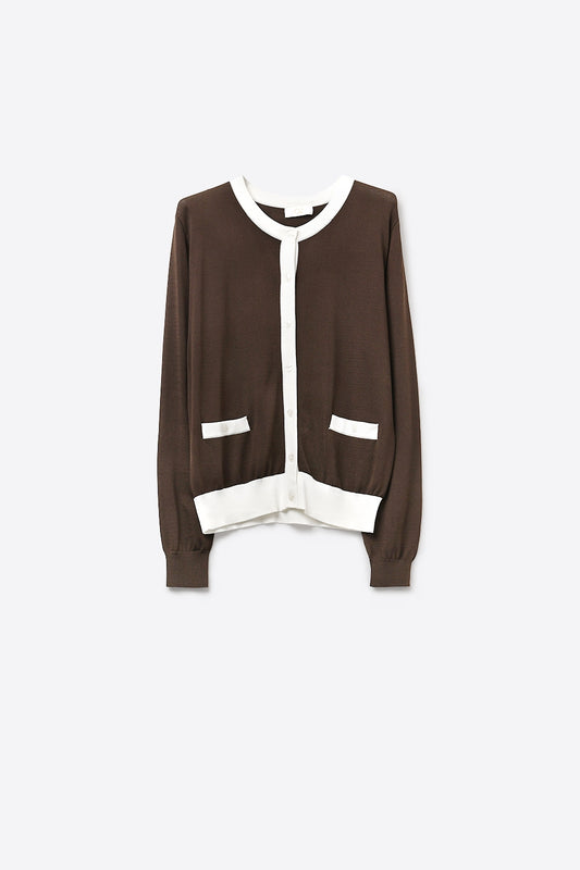Brown Contrast Trim Button-Up Long Sleeve Cardigan