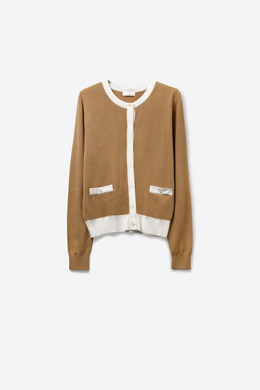 Contrast Trim Classic Button Cardigan in camel