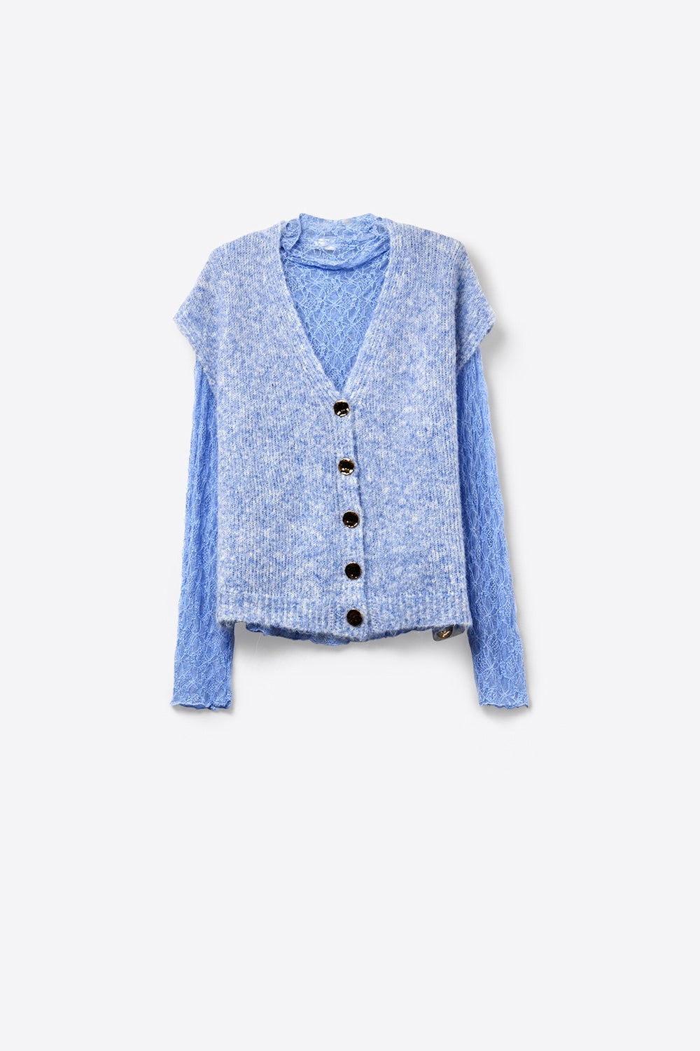 Blue Sleeveless Cardigan with Lace Insert and Silver Buttons - cardigan