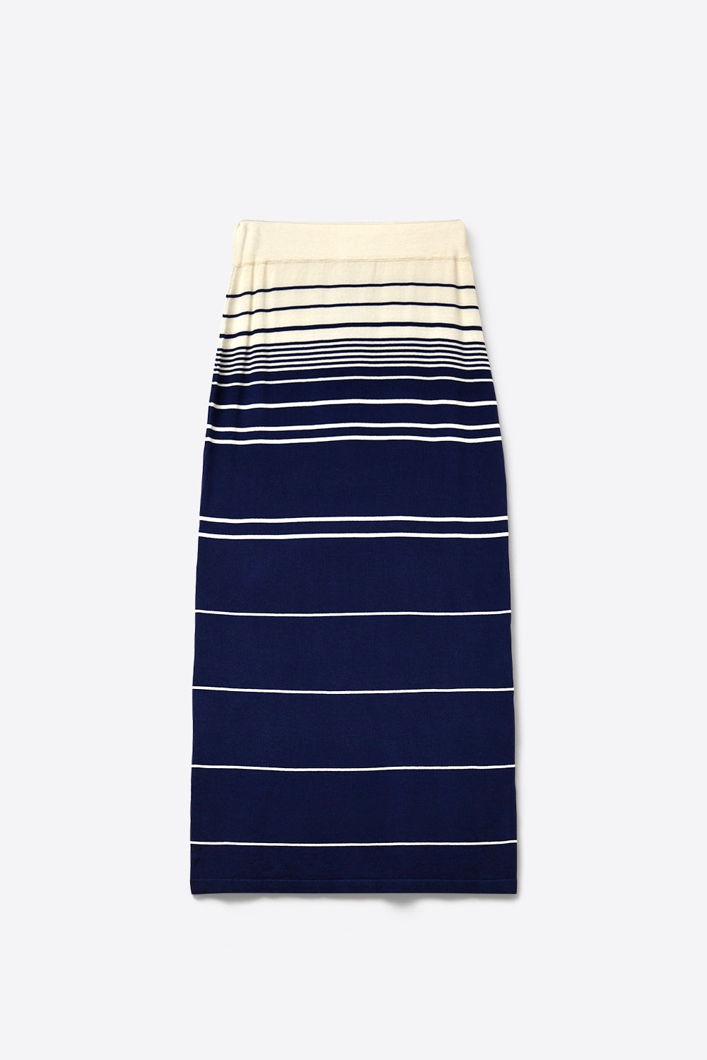 Navy Striped Knit Midi Skirt with Cream Waistband