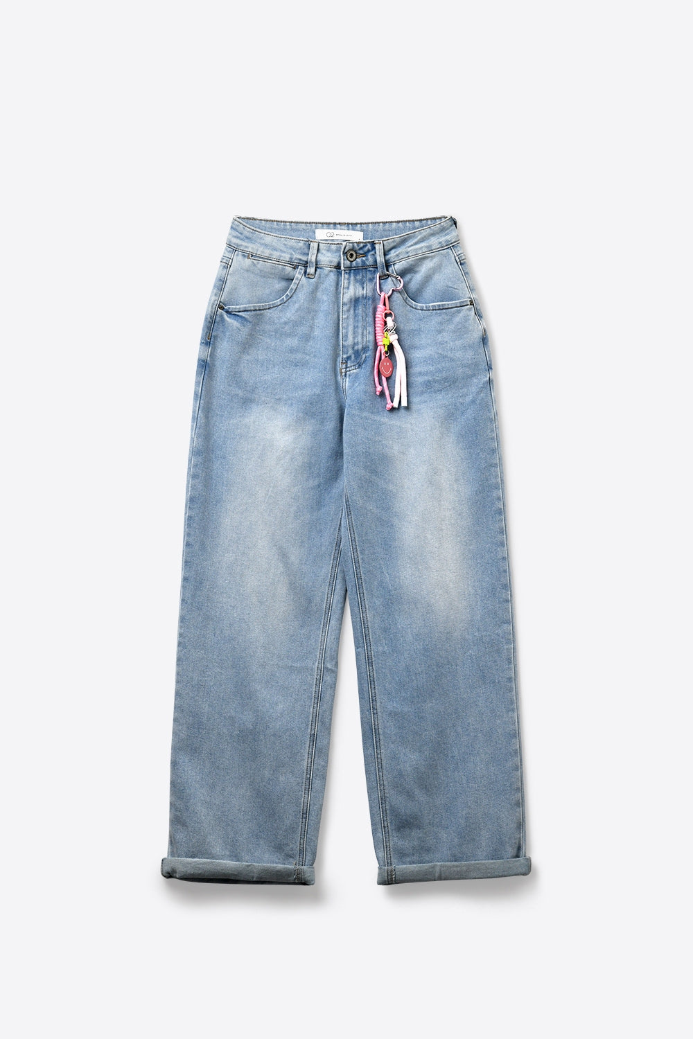 Light Blue Wide-Leg Denim Jeans mom style with Charm Detail - Denim