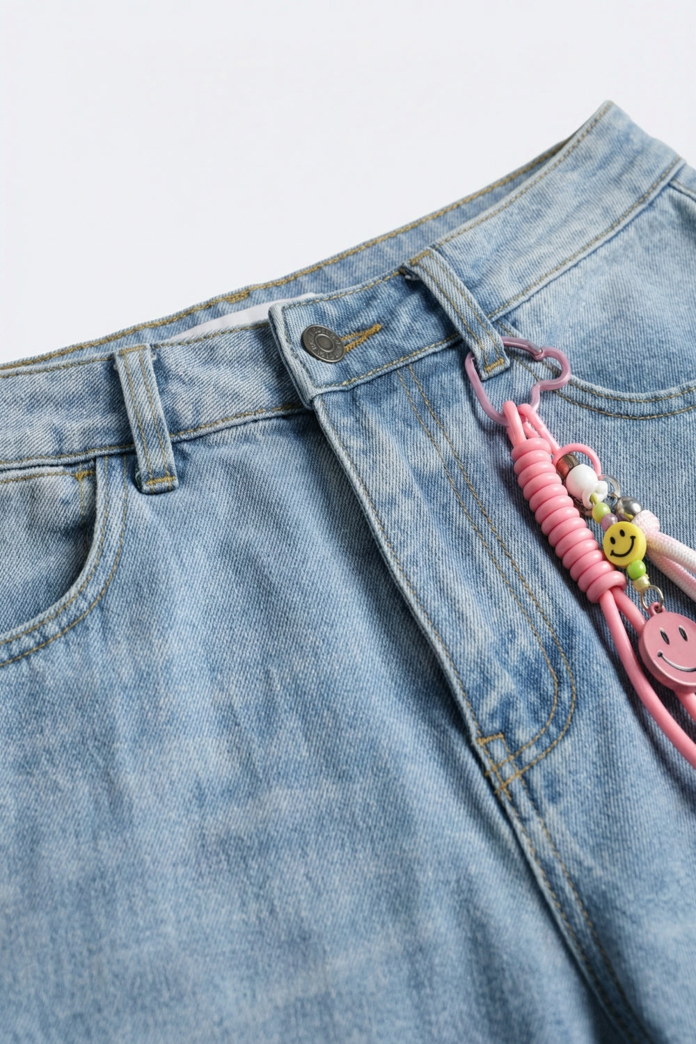 Light Blue Wide-Leg Denim Jeans mom style with Charm Detail - Denim