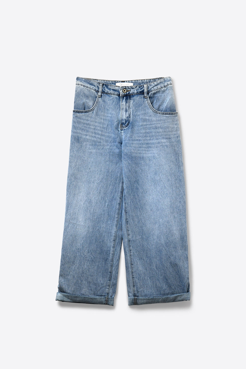 Light Wash Straight Leg Stretch Jeans With Rolled Hem - Denim