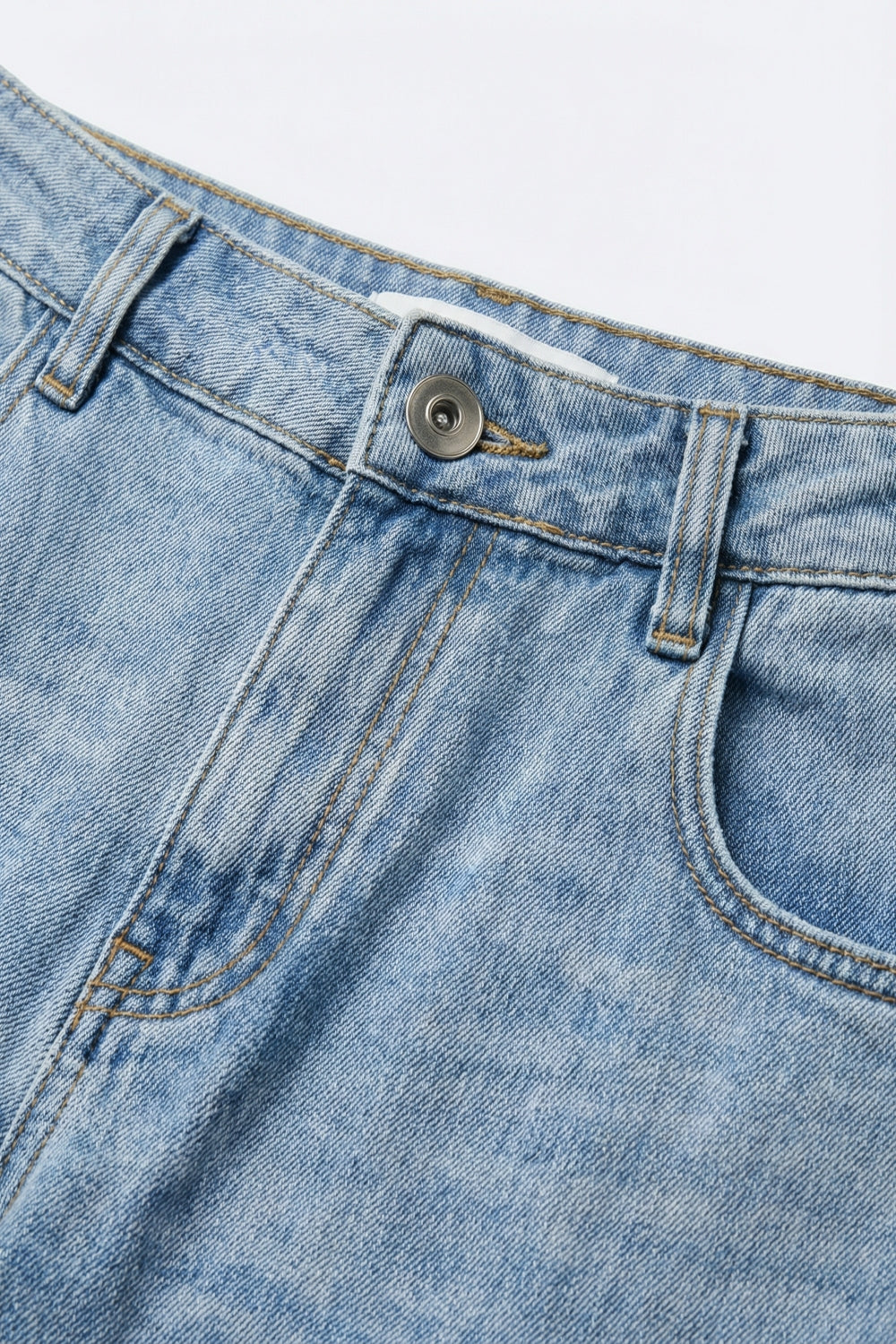 Light Wash Straight Leg Stretch Jeans With Rolled Hem - Denim