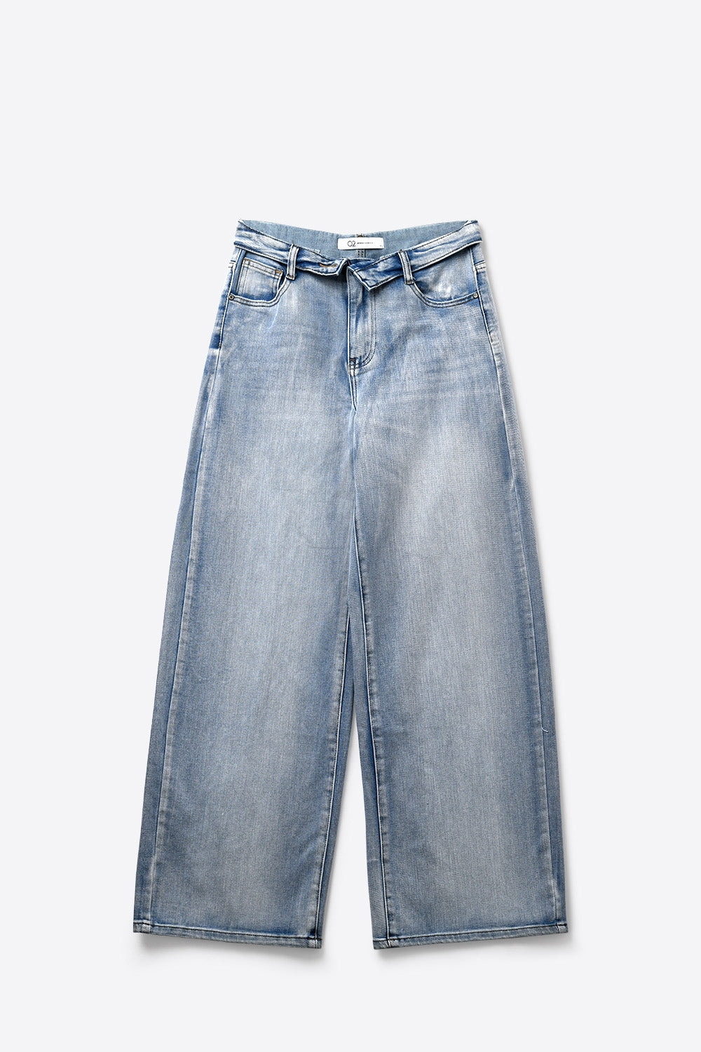 Light Blue Wide-Leg Vintage Wash Jeans with Belt - Denim