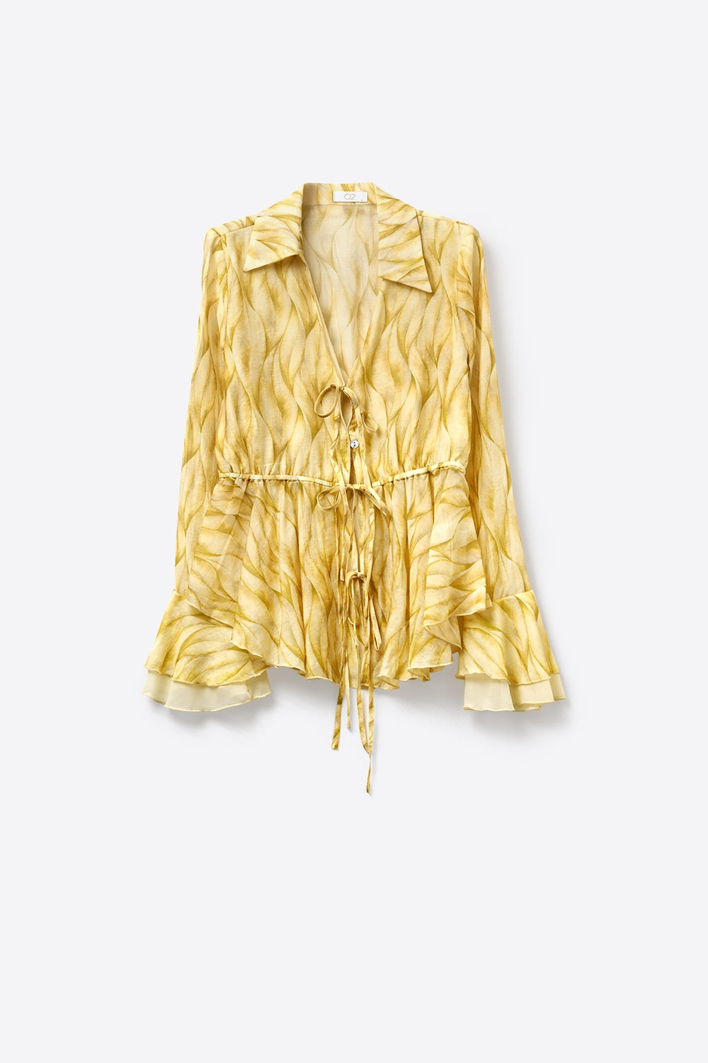 Yellow Sheer Printed Tie-Waist Blouse with Ruffled Hem
