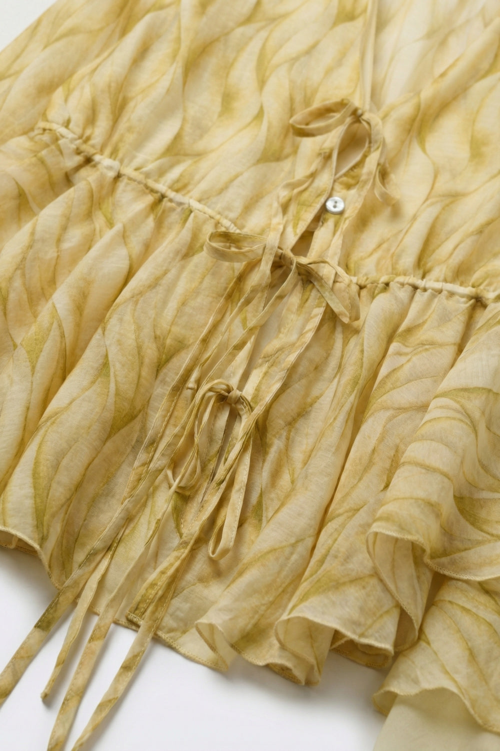 Yellow Sheer Printed Tie-Waist Blouse with Ruffled Hem