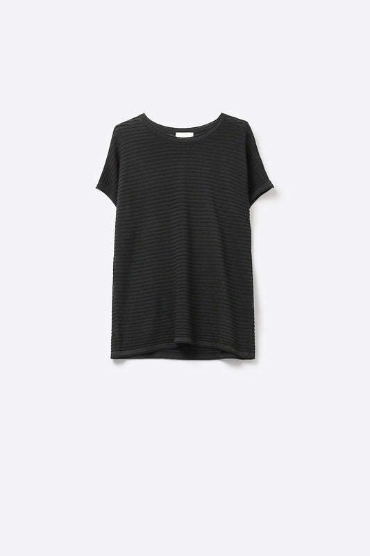 Black Textured Ribbed Knit Short Sleeve sweater